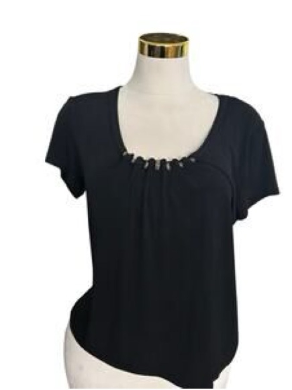XL Rayon Women's Black Scoop Neck Short Sleeve Top. With chest embellishments.